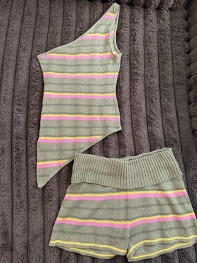 Striped Knit Two-Piece Set in Olive with Pink & Yellow Stripes